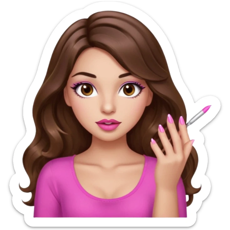 girl with long wavy brown hair, brown eyes, light to medium complexion, in a pink sexy top, pink puckered lips, long lashes, showing a manicure sticker