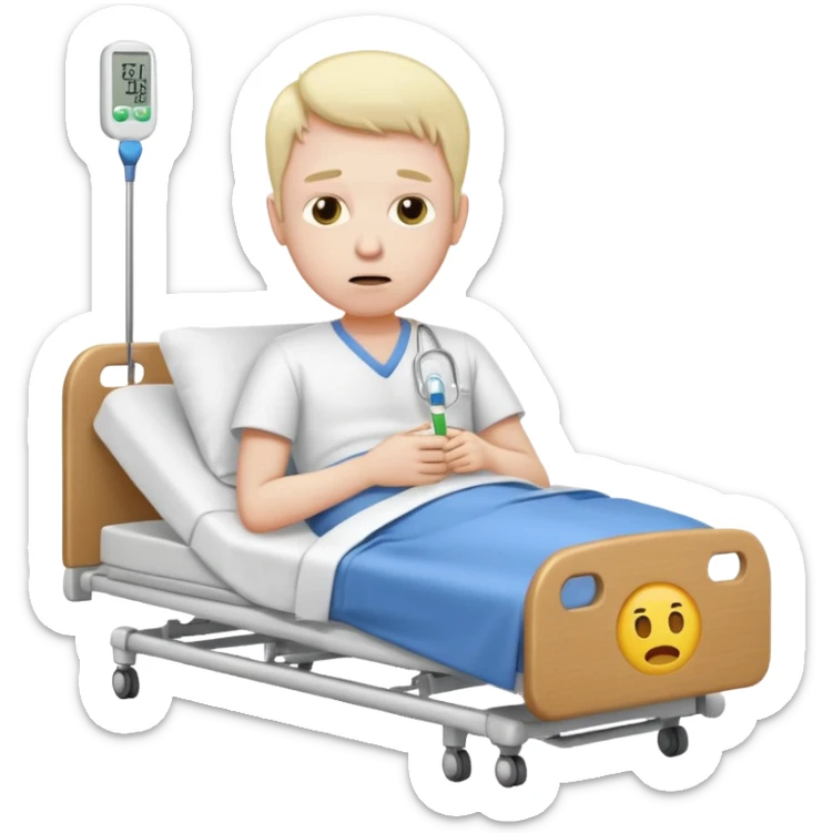 man sick in hospital bed full body thermometer in mouth emoji style sad expression sticker