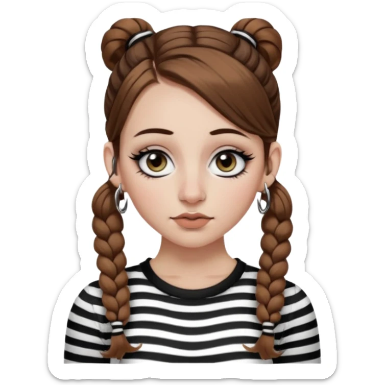 a white girl with brown hair in very low pigtails black eyeliner big false eyelashes with a septum piercing nose piercing big hoop earings dermals close to the eyes one on each side wearing a black and white striped long sleeve shirt sticker