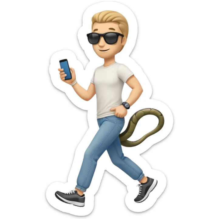 friendly anthropomorphised snake in jeans and a t-shirt, wearing dark sunglasses, jogging upright in standard pose sticker