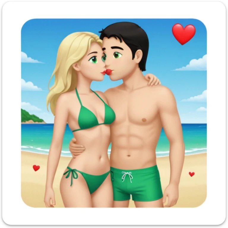 Blonde girl Green eyes Green Bikini whole body Kissing man black Hair blue eyes Hearts in Body Background beach sticker