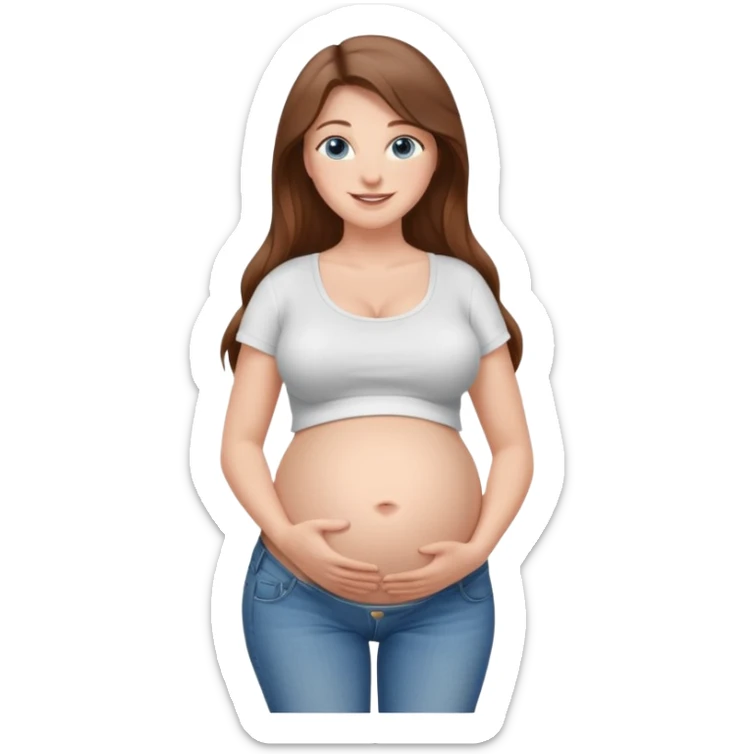 White girl, 18, long brown hair, blue eyes, white crop top, jeans, huge pregnant belly, big boobs, side view, skinny, bare midriff, smiling sticker