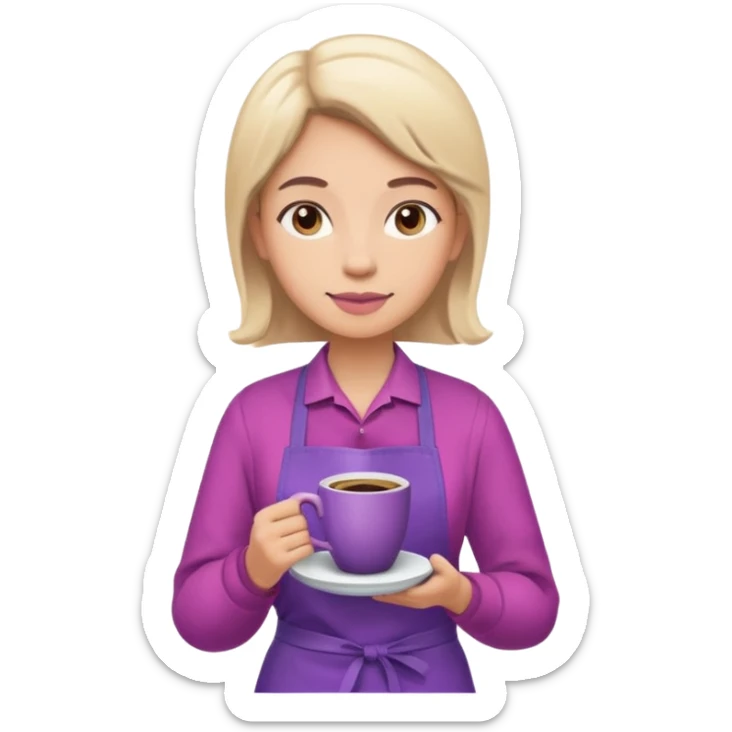 Create 3D minimalist emoji in the style of Coffee Lover — a coffee shop and roastery brand.
Style: cozy, warm.
Colors — purple-pink range.
barista with coffee sticker
