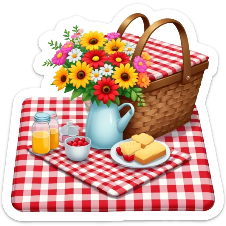 colorful bouquet of flowers on a red and white checkered picnic blanket with small picnic basket nearby sticker