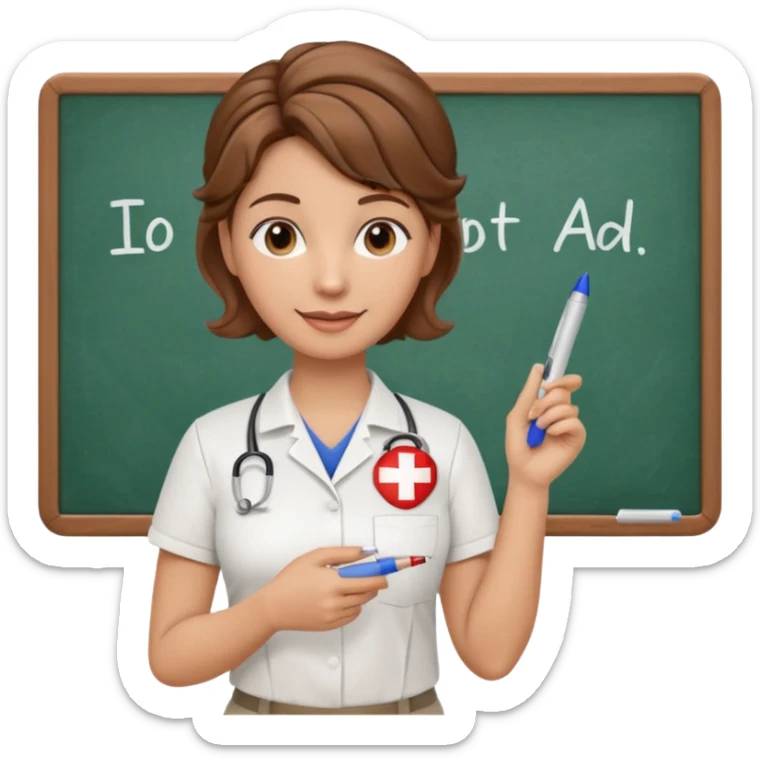 happy teacher with white board brown hair updo, first aid shirt sticker