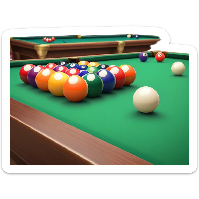 A close-up of a billiard table with a cue stick lined up to strike a colorful set of balls. The focus is on the precision of the shot, with the table’s green surface and the triangular arrangement of balls, creating a dynamic scene of strategy and concentration in the game of billiards. sticker