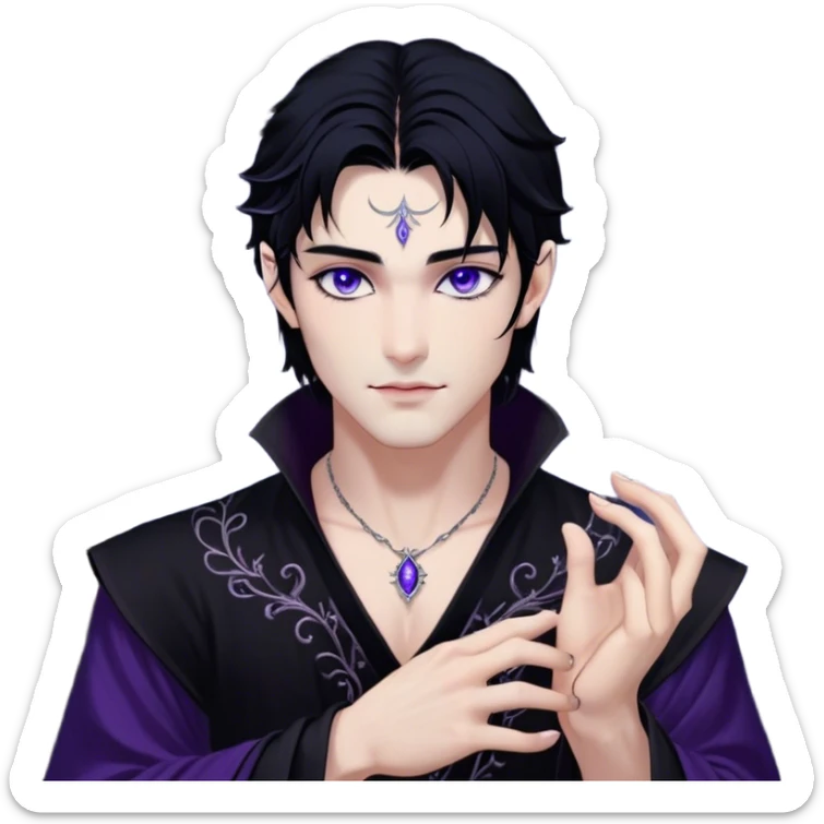 A strikingly handsome High Fae male with midnight-black hair, piercing violet eyes that glow under the moonlight. His lips curve into a knowing smirk, revealing a dangerous charm. He wears an elegant black tunic with silver embroidery, the fabric flowing like liquid shadow. A silver ring glints on his long fingers, and faint wisps of darkness swirl around his shoulders like living mist sticker