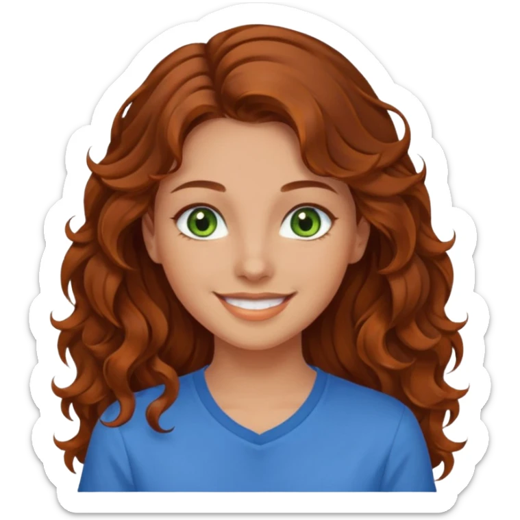 girl with brown hair, green eyes with a blue shirt no background ,young with curly hair smileing long hair not so curly and orange sticker