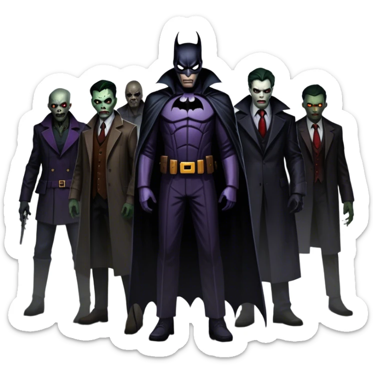 Icon for Thriller Movies: A large, dramatic collage featuring sinister villains and zombies in dark clothing. The background shows the gloomy cityscape of Gotham with dim lighting and eerie shadows. The atmosphere should be tense, mysterious, and suspenseful. Transparent background. sticker