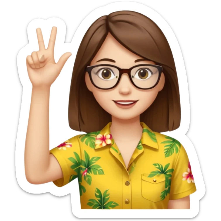 Hawaii female with white skin. Shoulder length straight brown hair. Brown eyes with glasses. Female wearing yellow Hawaiian print shirt. Women is making a hang loose sign with her left hand sticker