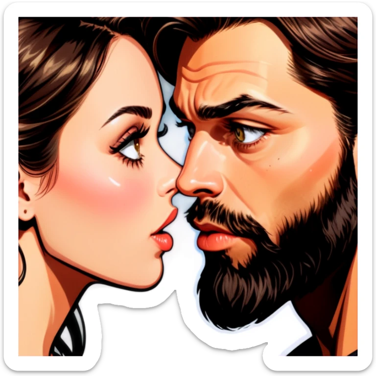 a brunette girl with hazel eyes and dark nude lips and brunette man with a beard kissing esch other  sticker