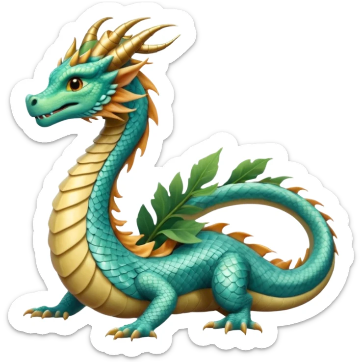  serpent dragon. Slim, serpentine body with smooth scales in soft blues and greens. Fluffy leaf plumes replace the tail fins, and a terracotta crown-like crest adorns its head. Gentle amber eyes. sticker