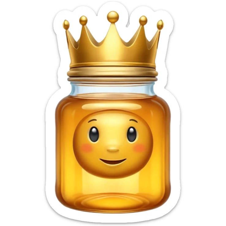 Honey jar filled with golden thick liquid, on top of the jar a big crown sticker