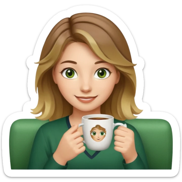 smiling girl with cup indoors green eyes  slightly wavy brown hair down to her shoulder with blonde highlights sticker