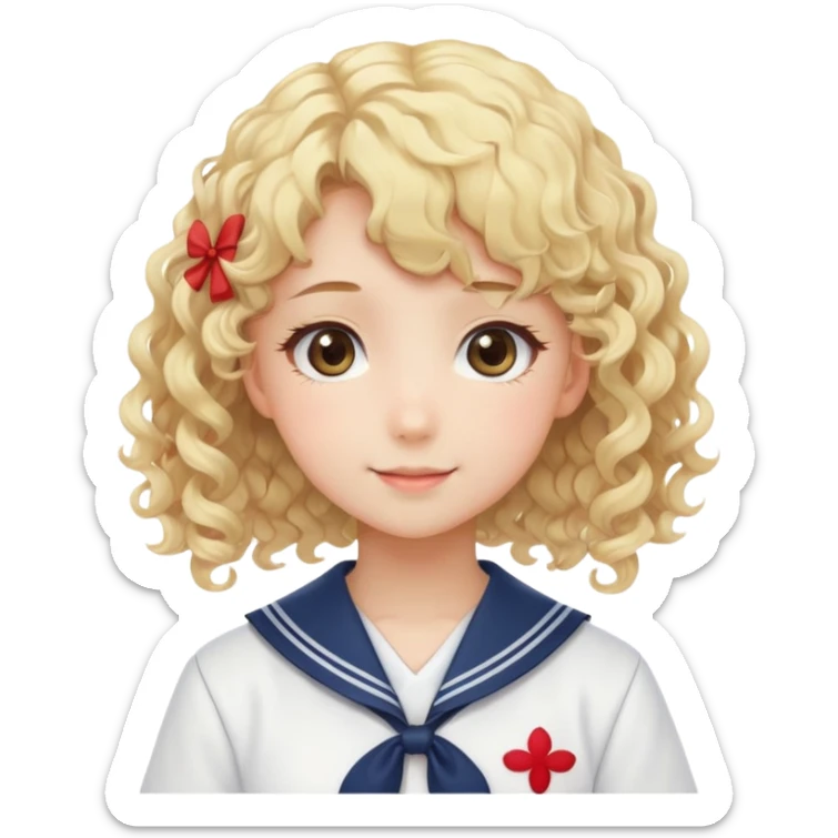 Sweet anime girl with blonde curly hair wearing Japanese sailor style school uniform, gentle smile, kawaii style sticker