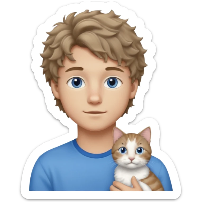 20 year old boy with slightly curly dark blonde hair and blue eyes with cat sticker