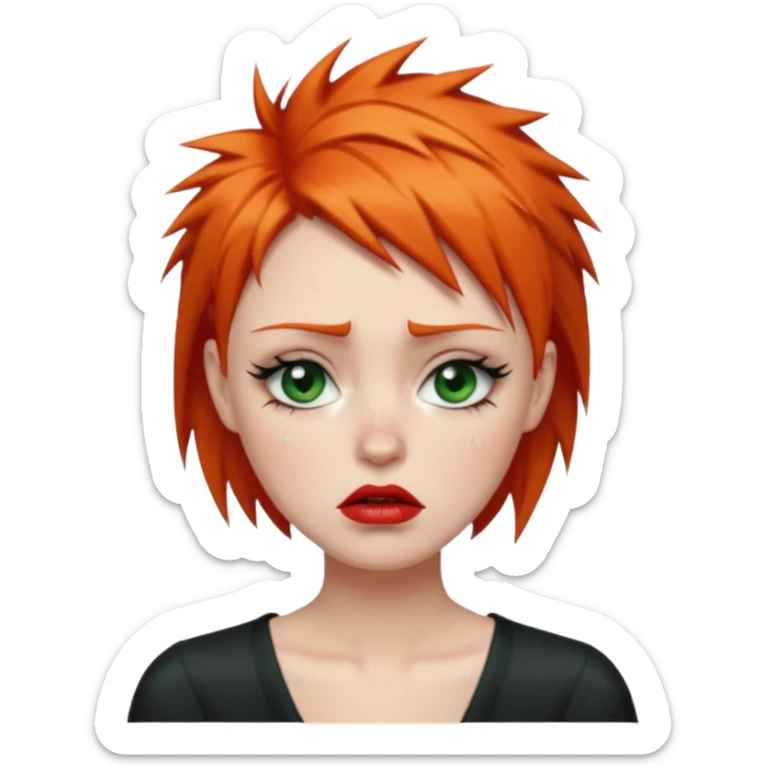 Short spikey Ginger hair, green eyes, black long eye lashes large red lips White woman very sad crying years coming out or eyes sticker