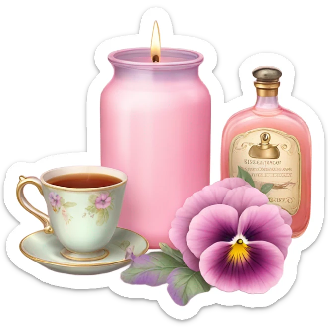 A cozy aesthetic: a pink candle in a glass jar, pastel pink pansies, a vintage perfume bottle, and a cup of steaming tea. sticker