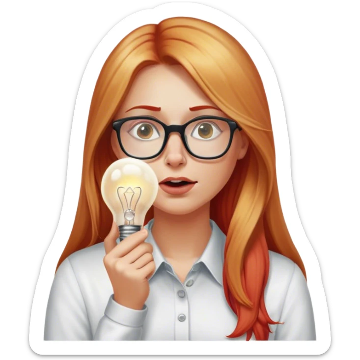 intelligent and clever, 30 year old, girl, long red and almost blond hair, glasses, has an brillant idea, rubs his nose, light bulb over the head, casual cloth  sticker