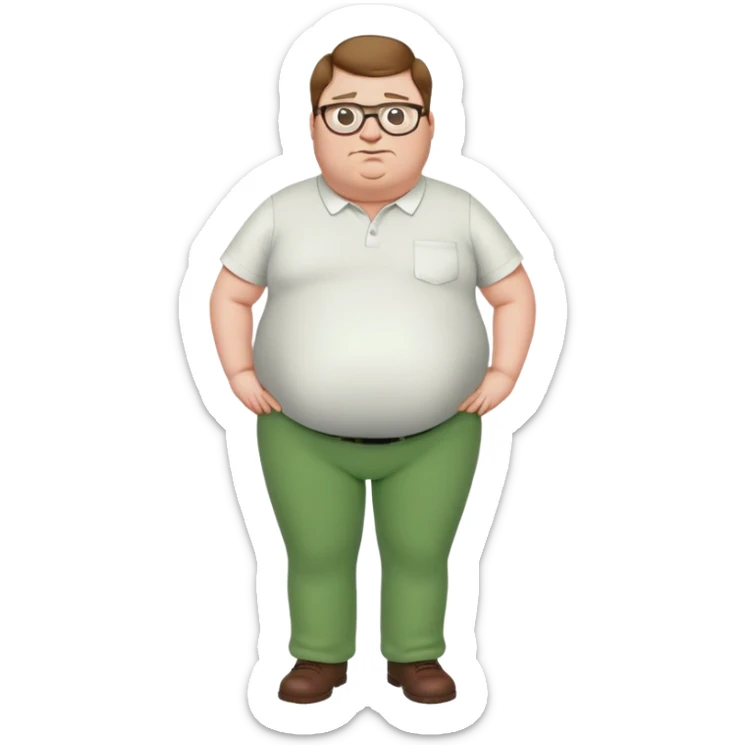 Peter Griffin from Family Guy with a pregnant belly, green pants, white shirt, glasses, and double chin sticker