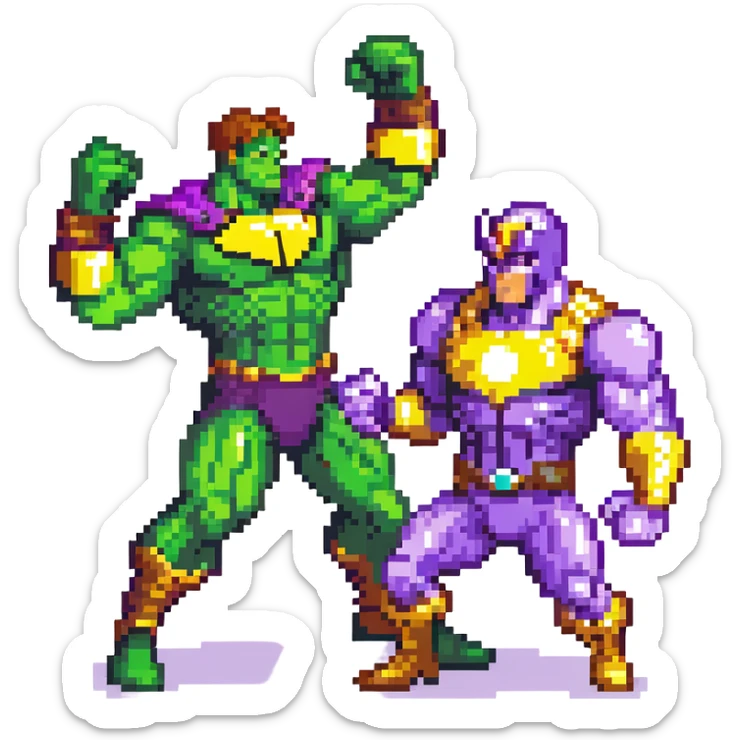 Hulk vs Thanos battle scene, green muscular superhero fighting purple villain with Infinity Gauntlet, action poses sticker