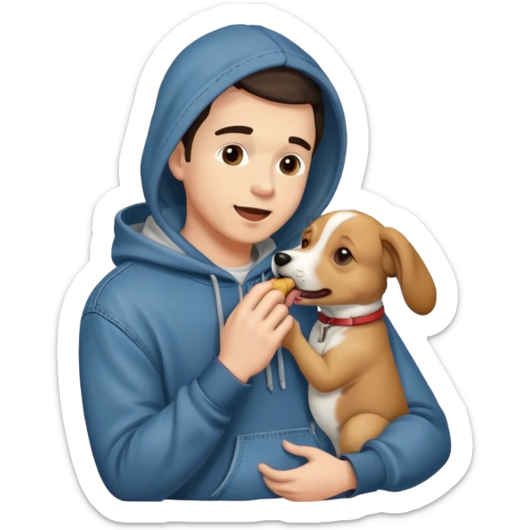 Cute dog lover boyfriend with soft smile, wearing hoodie and jeans, one dog licking his face sticker