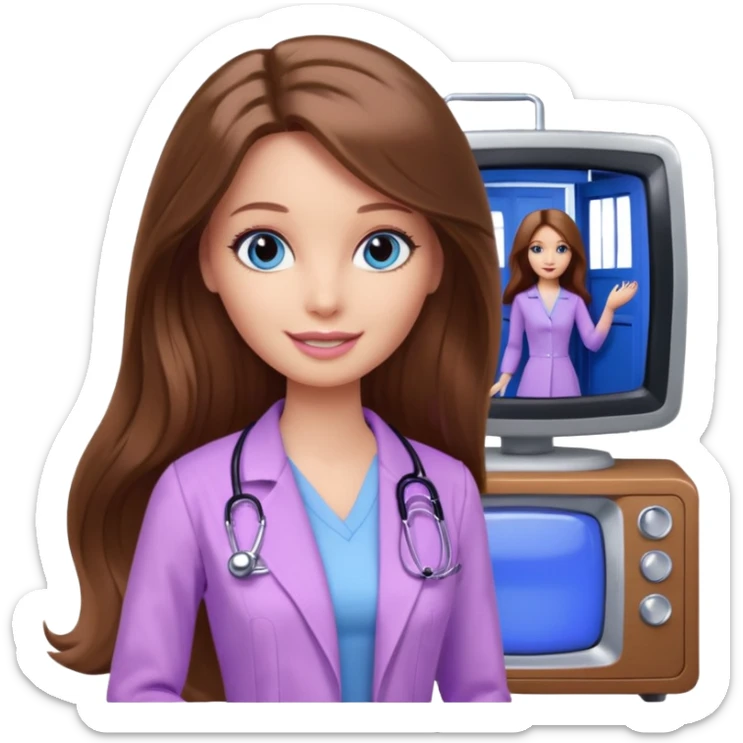 beautiful barbie girl with long brown hair, blue eyes and wearing light purple clothes watching tv show doctor who sticker