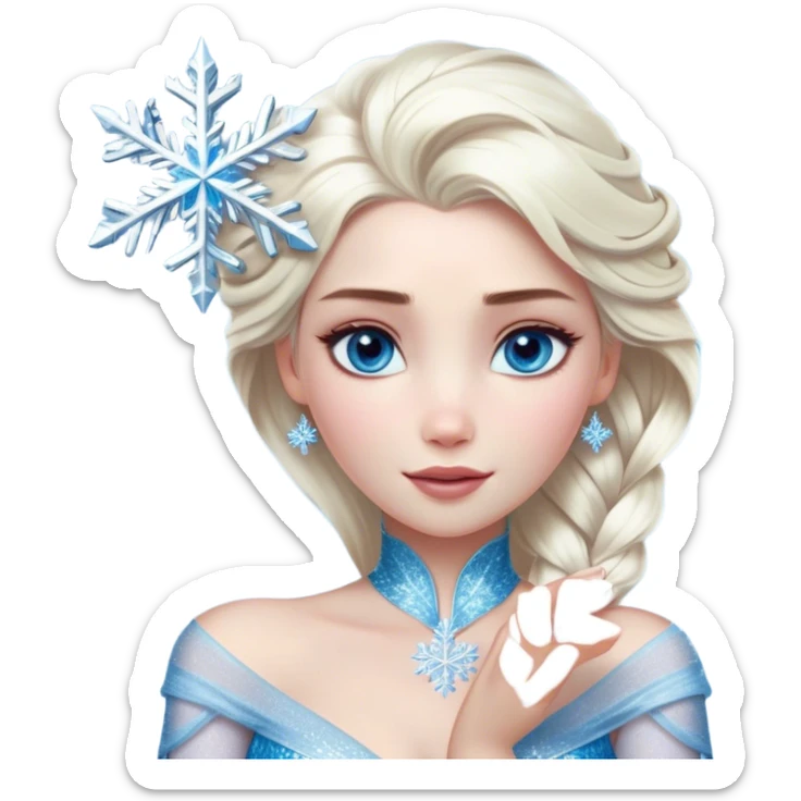 Cinematic Realistic Elsa Portrait, depicted with lifelike skin texture, soft natural lighting, and intricately detailed platinum blonde hair styled elegantly. Her striking, expressive blue eyes exude confidence and grace, complemented by a serene and regal expression. She holds a shimmering snowflake delicately in one hand, her other hand resting against her gown, embodying the power and beauty of winter. She is dressed in her signature icy attire, with shimmering fabric textures and delicate folds that catch the light beautifully. The portrait features a soft, enchanting glow with a cool, radiant finish, capturing the essence of timeless elegance in a realistic and painterly style. sticker