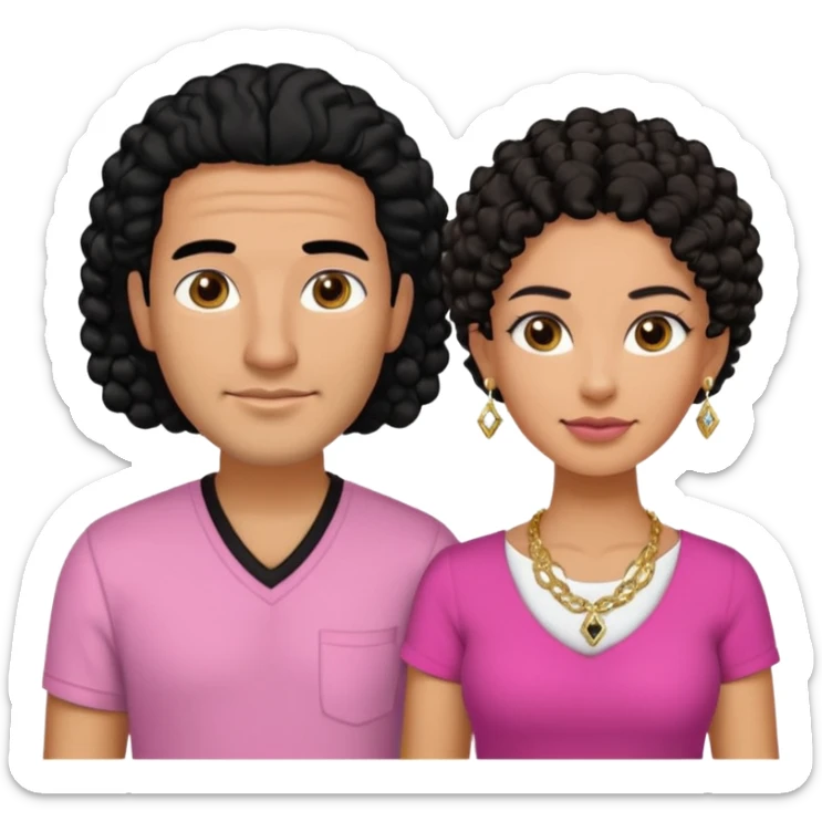 A picture if a couple. the man is a Mexican man with tanned skin, black hair, a bald hair cut, short boxed beard, and wearing a black shirt. the woman is mixed with black and white, with brown curly long hair, gold diamond earrings, a gold chain necklace and wearing a pink shirt on with big boobs sticker