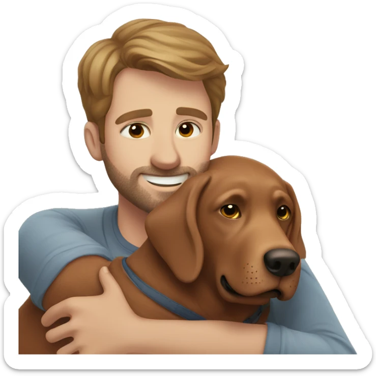 Red Labrador giving brown haired man a hug with no facial hair sticker