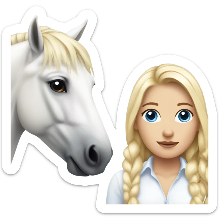 White horse with a thick main next to a girl with blond hair and Blue eyes sticker