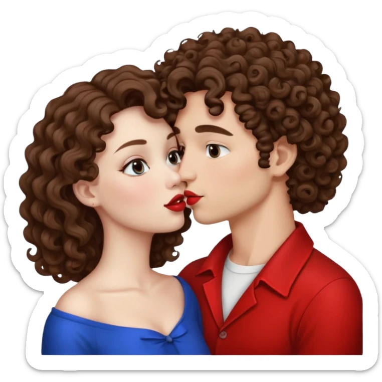 A couple kissing, the man would be white-skinned, curly, brown-hair. The serious woman with white skin, brown color sticker