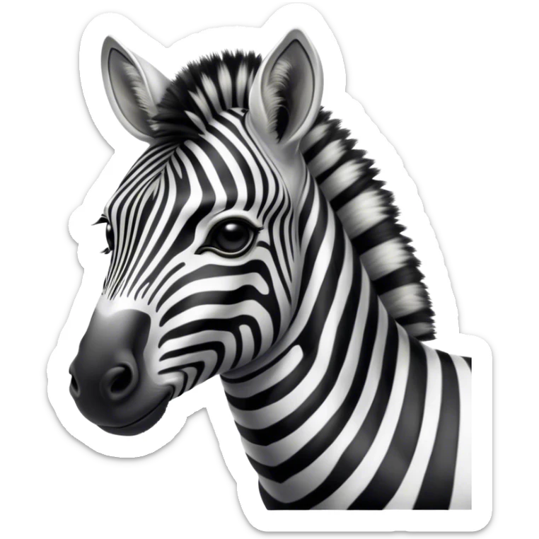 Cinematic Noble Zebra Portrait Emoji, Poised and regal, with a lean, elegant build, a long, graceful equine snout and striking fur of bold black and white stripes, deep-set soulful piercing eyes, Simplified yet sharp and sophisticated features, highly detailed, glowing with a soft, dignified glow, high shine, intelligent and graceful, stylized with an air of savannah chic, focused and attentive, soft glowing outline, capturing the essence of a watchful and confident equine that feels as though it could gallop out of the screen with effortless authority! sticker
