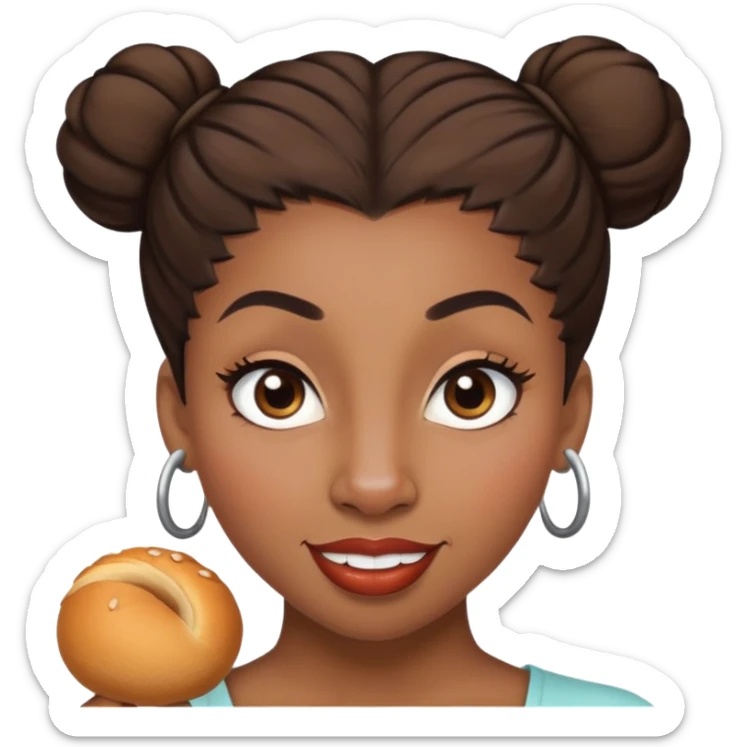 Une femme à la peau noire avec un chignon haut et les cheveux sont bruns avec un œil marron et un œil marron très très claire et une grosse bouche et des gros sourcils et un gros nez  sticker