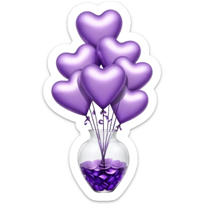 "A cluster of metallic heart-shaped balloons in varying shades of purple, floating beside a sleek glass vase filled with matching roses."
 sticker