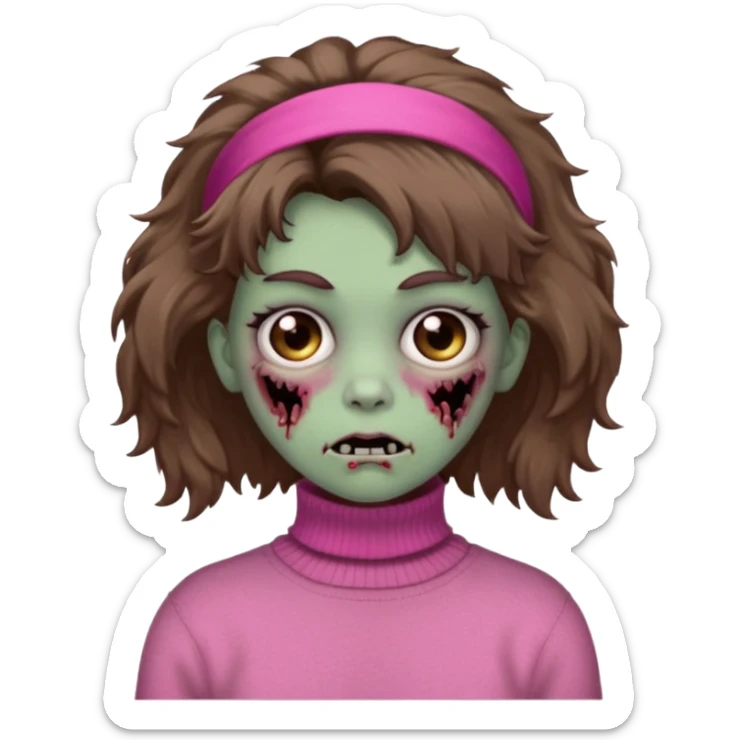 brown fluffy haired zombie with pink turtleneck sweater and hair band sticker