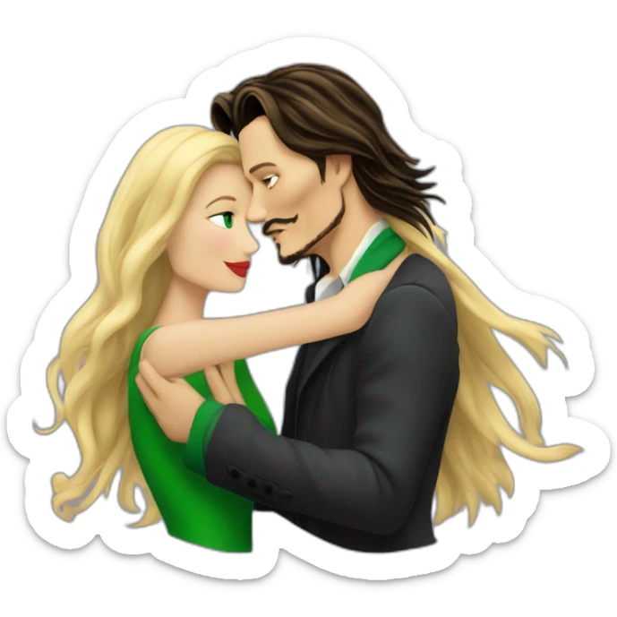 Johnny Depp dance hugging blond woman with green eyes amd very very very long hair sticker