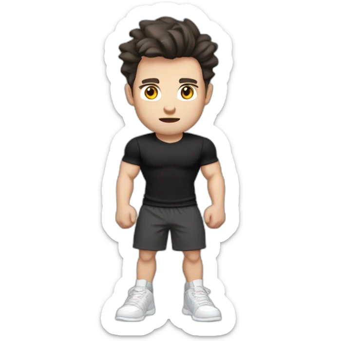 Confused Pale skinned Fit Man With the biceps and dark brown hair in black shirt, gray sports shorts and white Sneakers sticker