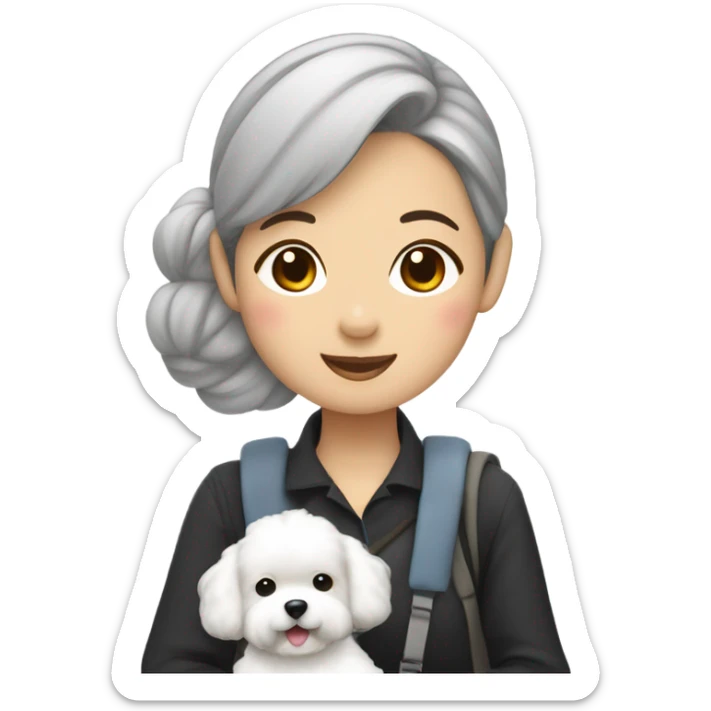 Hair-in-a-bun traveling Asian woman carrying a happy and cute Korean-style bichon frise sticker