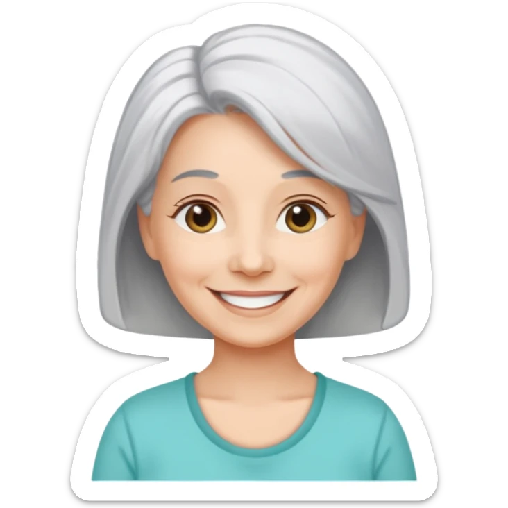 a Woman, mid 50 with light grey hair, wearing a pampers for adults sticker