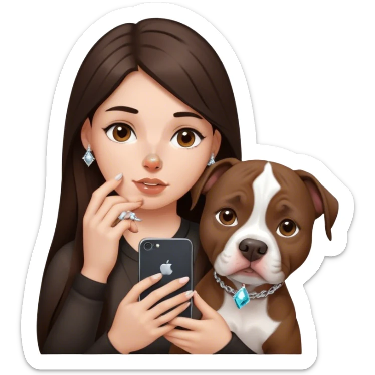 ￼ a young girl with long dark brown hair cascading down her face. It’s with her phone in her hands, sitting next to her pitbull with a small diamond nose ring in her nose. sticker