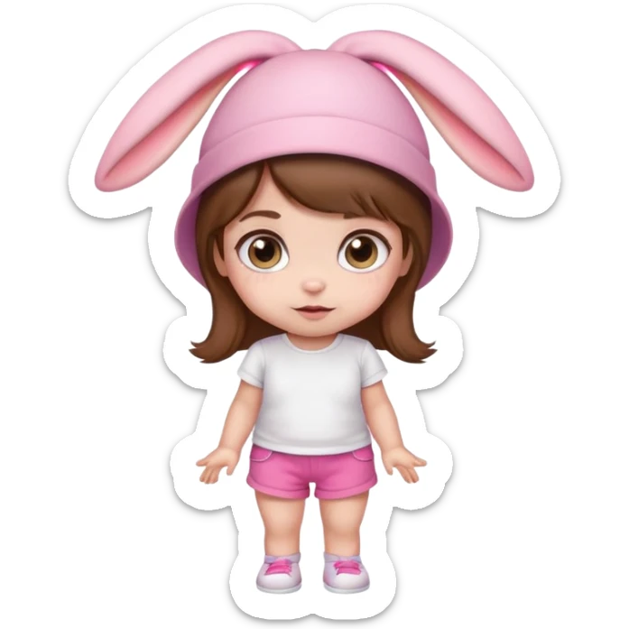 Cute emoji baby girl with big eyes, brown hair, bunny ear pink hat, white t-shirt and pink shorts. sticker