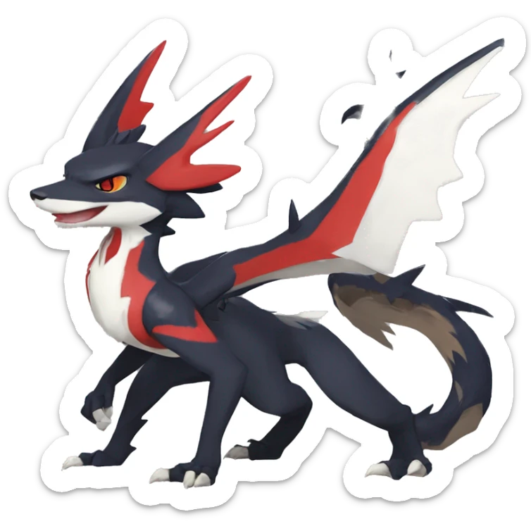 Black Cool Edgy Anthro Noivern-Nargacuga-Silvally-Sergal-Garchomp-Fakémon  with White and Red Edgy markings sticker