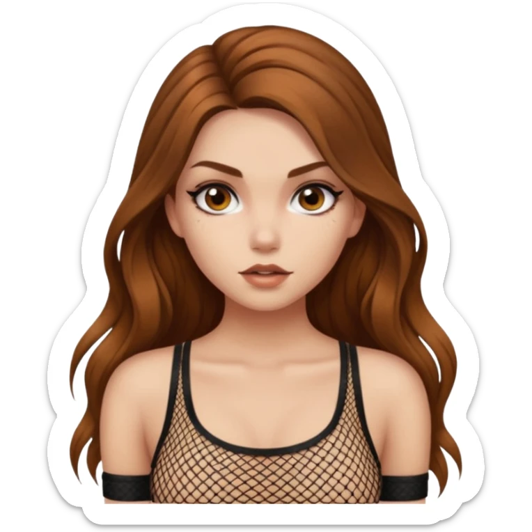 a pretty bratz fair girl with brown long hair styled well, looking like a baddie in a fishnet top sticker