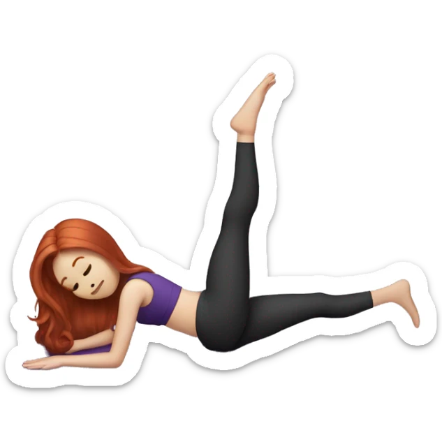 a redhead girl with long hair doing pilates, her clothes are dark purple sticker