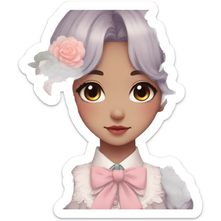 Gorgeous pastel anime style lady with blushing face and flowers and laces and bow ties and pretty hair aesthetic trending style sticker