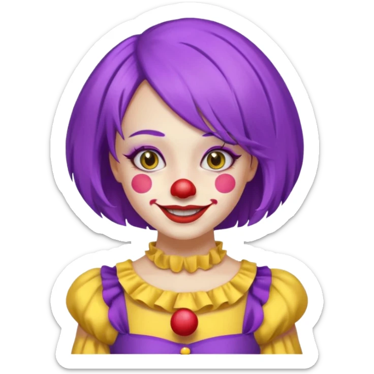 Clown girl with the human style. Has a purple wig, simple makeup, and a yellow dress sticker