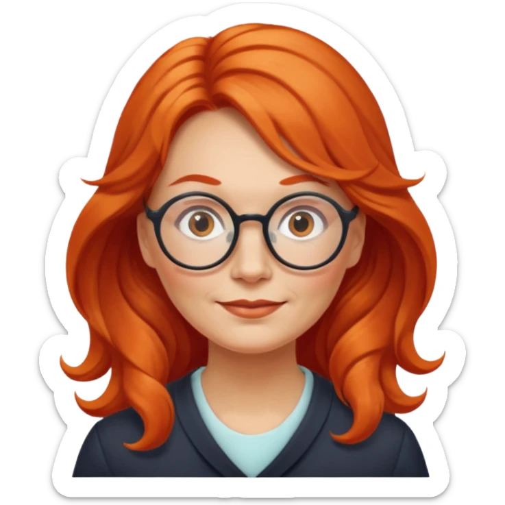 Norwegian woman, middle-aged, long wavy orange-red hair tied to the left, big round glasses sticker