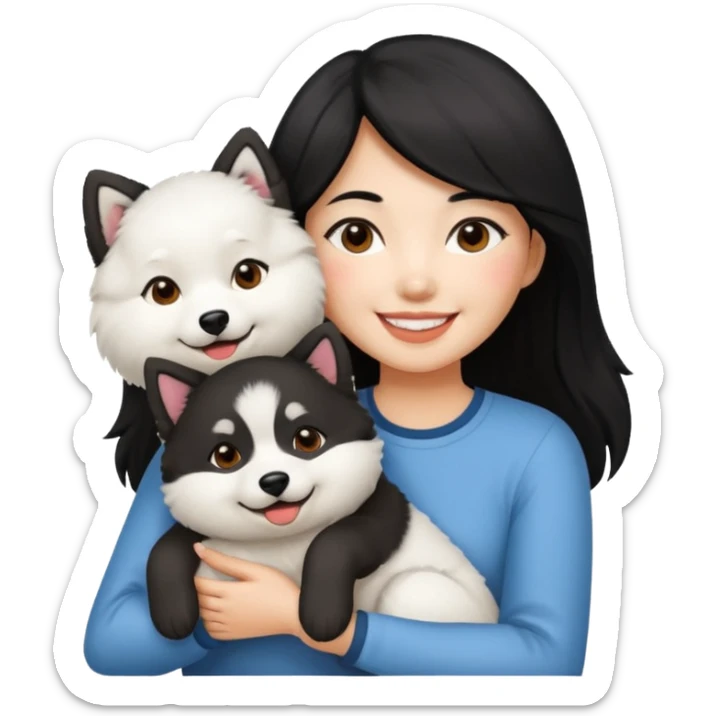 A black hair asian girl with a bright skintone holding a samoyed dog sticker