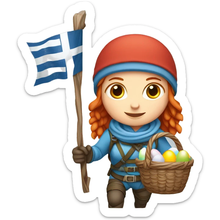 Female winter mountaineer red hair white skin climbing with Greek Flag and Easter eggs basket sticker